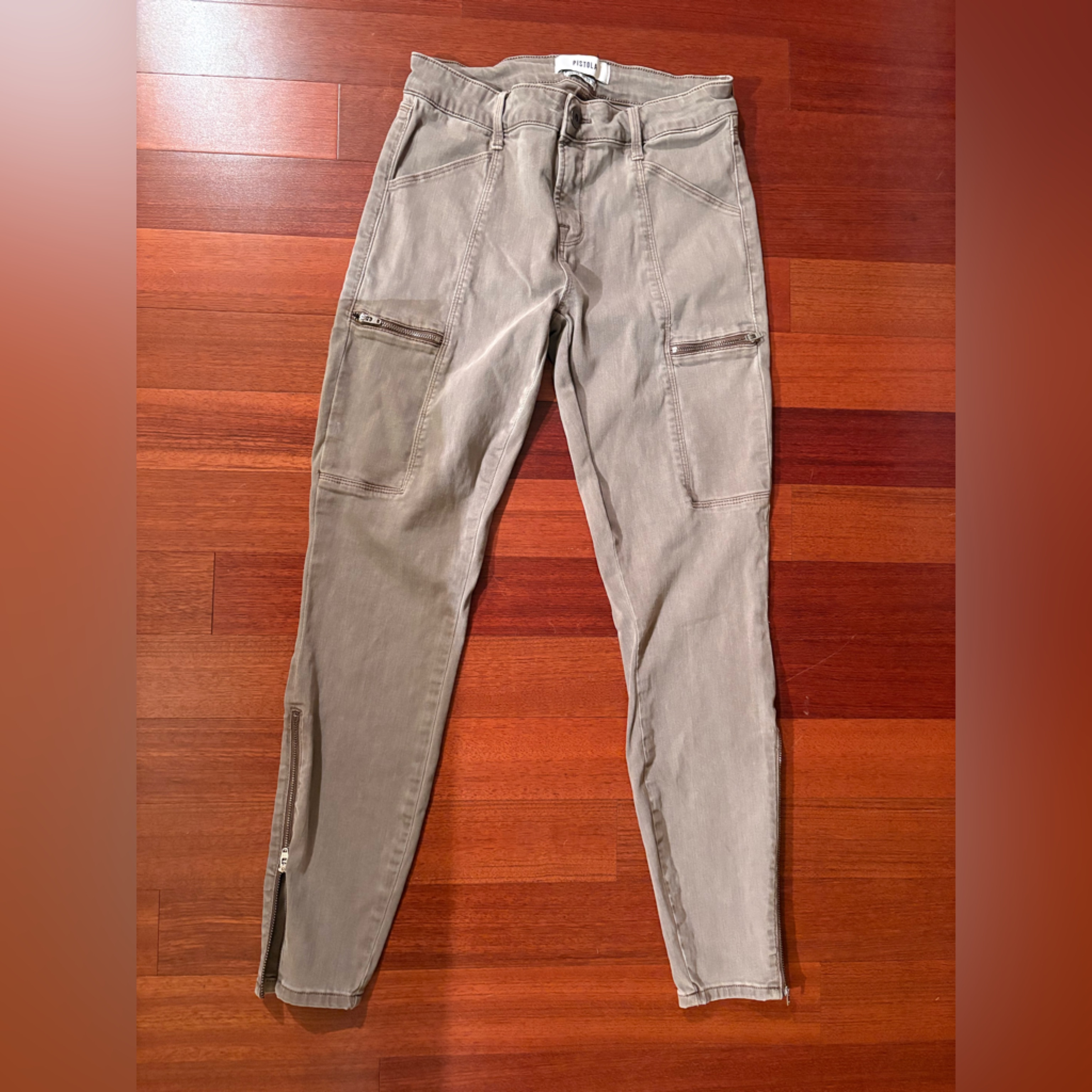 Pistola Taupe Cargo Moto Pants Gray Brown Zip Pocket Skinny Size 28